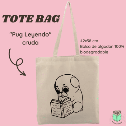 Tote Bag “Pug Leyendo” Crudo